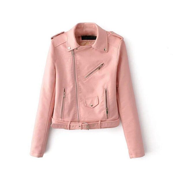 Veste de motard classique en cuir véritable rose pâle pour femme (2)