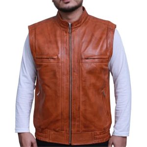 Gilet en cuir véritable marron style rockeur motard pour homme