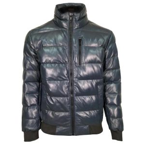 Blouson aviateur matelassé en peau de mouton pour homme, bleu marine