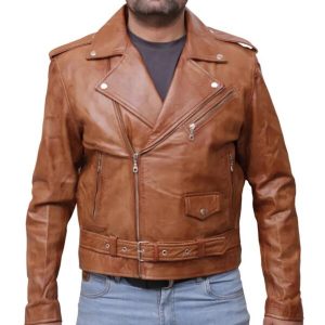 Giacca da uomo in pelle di pecora con cerniera incrociata, vestibilità slim, colore marrone