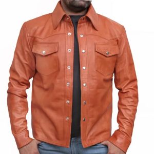 Giacca-camicia in pelle di pecora retrò color cuoio da uomo
