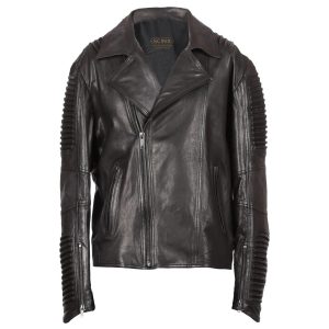 Blouson de motard en peau de mouton à épaulettes rembourrées pour homme, noir