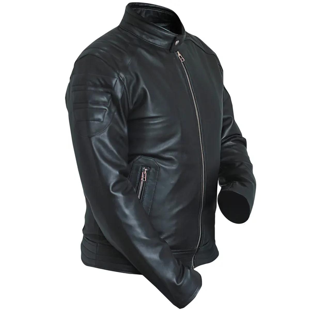 Veste de motard classique pour homme en cuir véritable véritable noir (4)