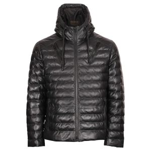 Giacca in pelle di pecora con cappuccio da uomo, nera