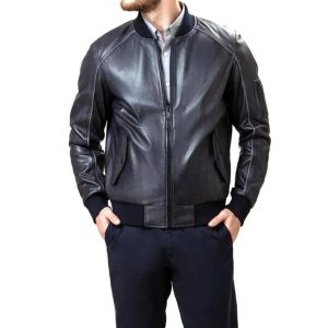 blouson aviateur en cuir véritable noir pour homme