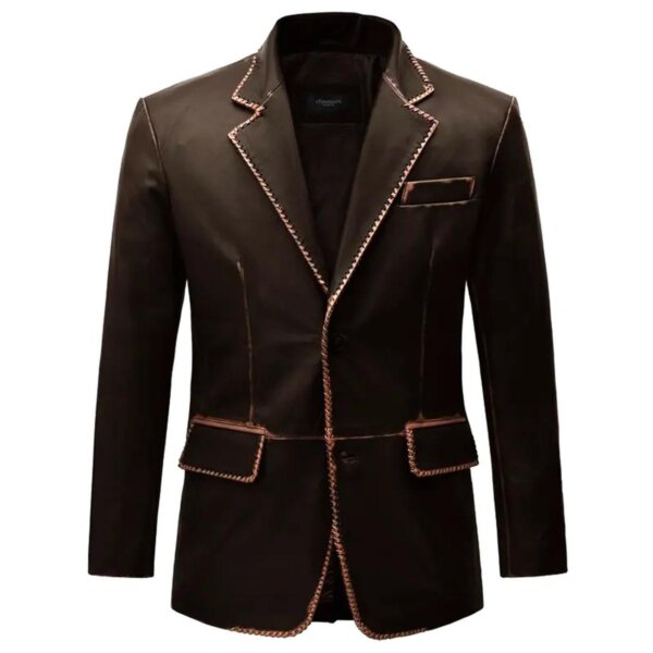 Blazer en cuir véritable marron foncé pour homme