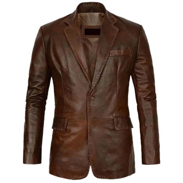 Blazer élégant en cuir véritable marron foncé pour homme
