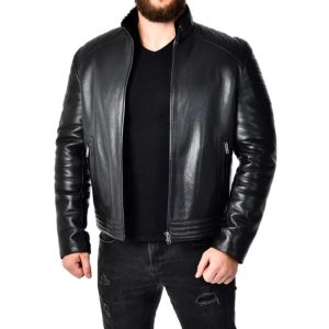 Giacca da motociclista imbottita in pelle nera da uomo