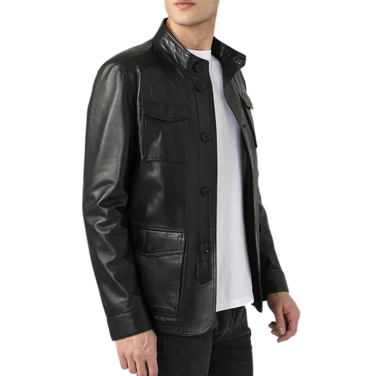 Veste en cuir véritable noir pour homme avec poches à rabat (2)