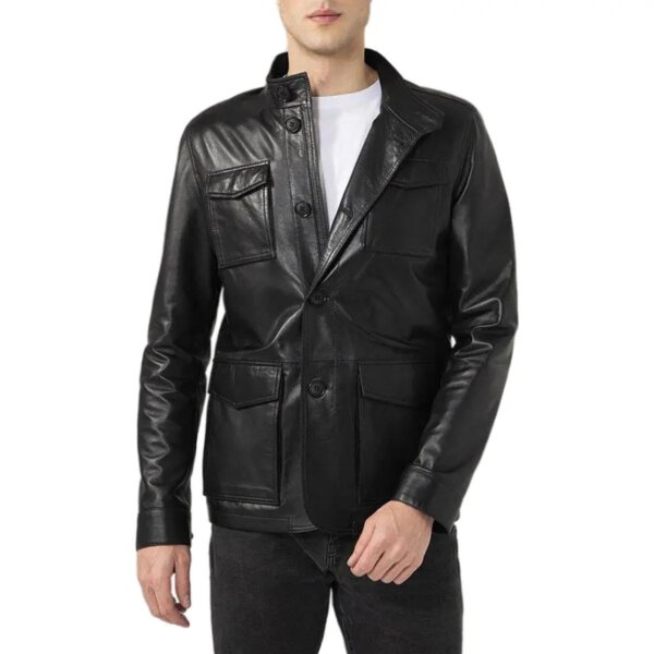 Veste en cuir véritable noir pour homme avec poches à rabat