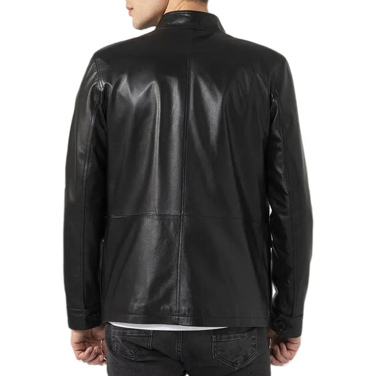 Veste en cuir véritable noir pour homme avec poches à rabat (4)