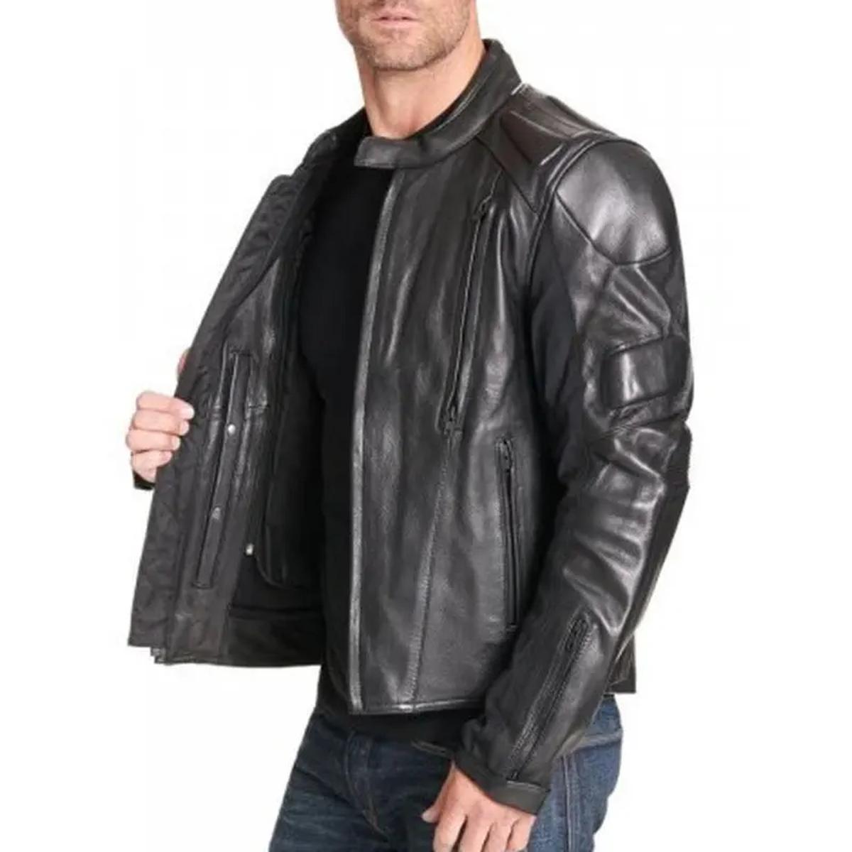 Veste de motard matelassée en cuir véritable noir pour homme (2)
