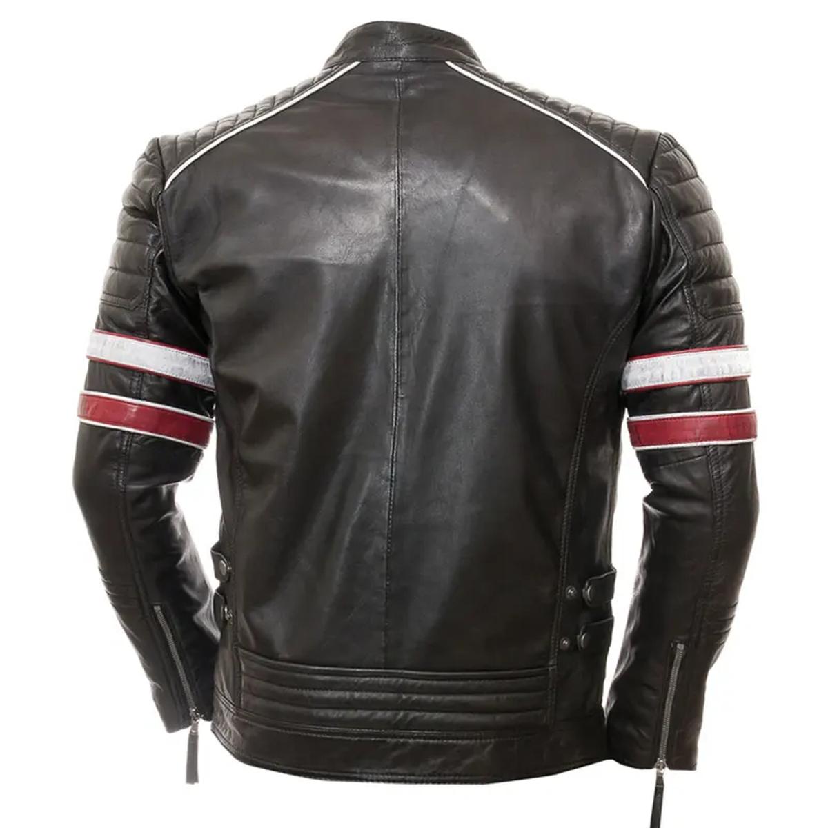 Veste décontractée pour homme en cuir véritable véritable avec bandes style motard (2)