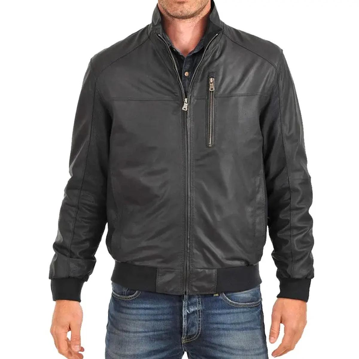 blouson aviateur en cuir véritable à col montant pour homme (2)