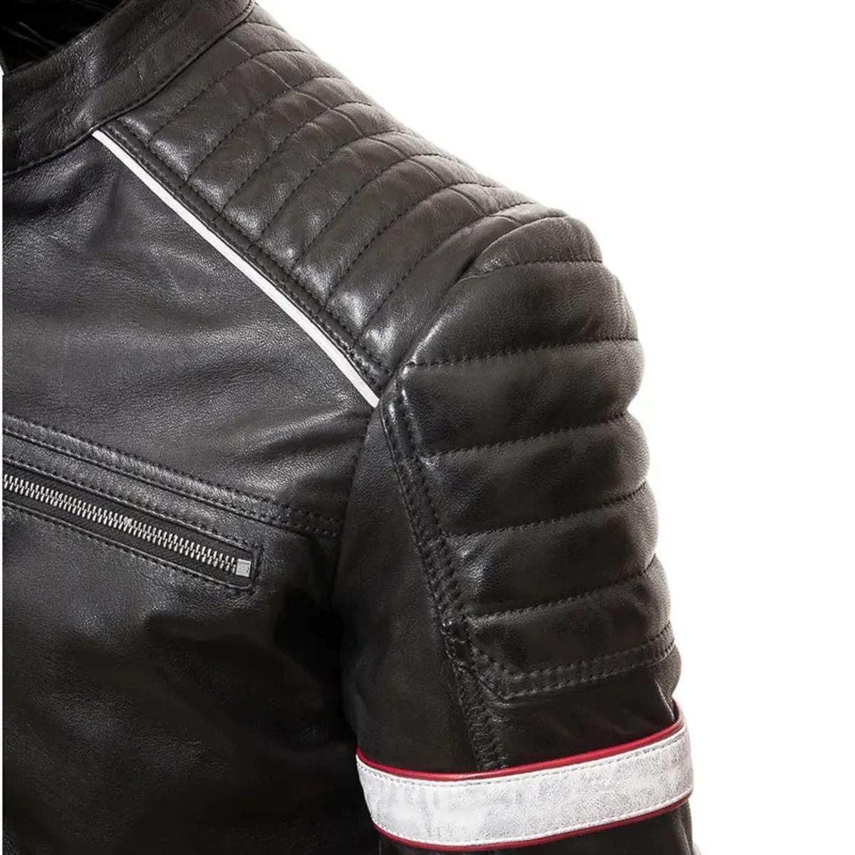 Veste décontractée pour homme en cuir véritable véritable avec bandes style motard (3)