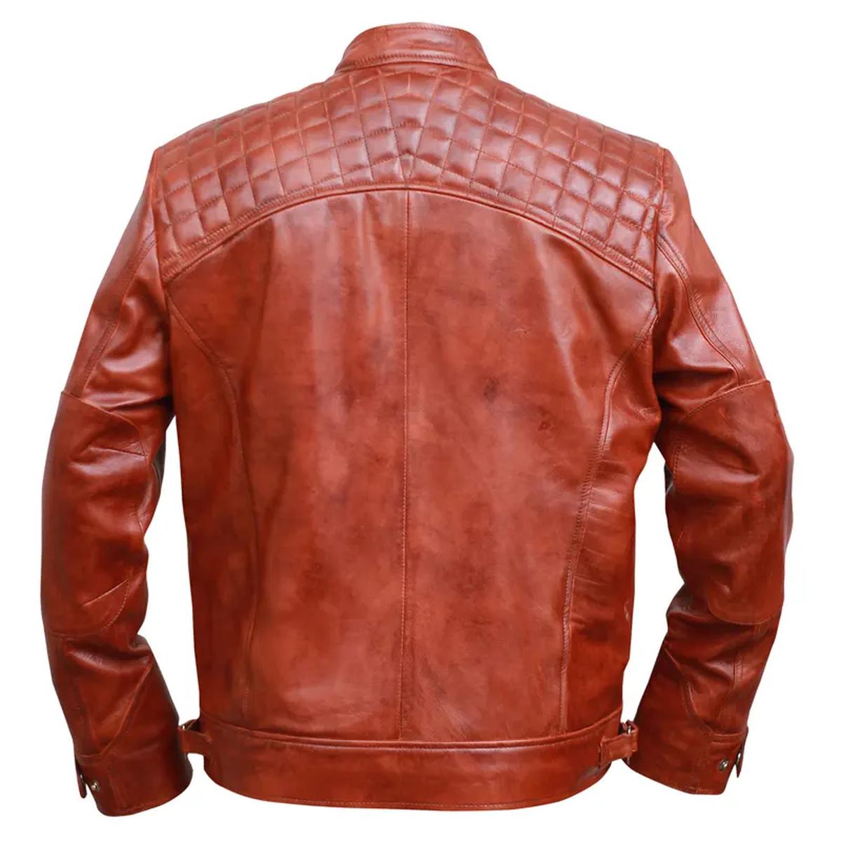 Veste de motard classique vintage en cuir véritable marron à motif diamant (6)