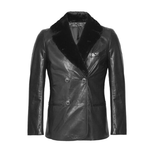 Manteau croisé en cuir véritable avec garniture en peau lainée noire (3)