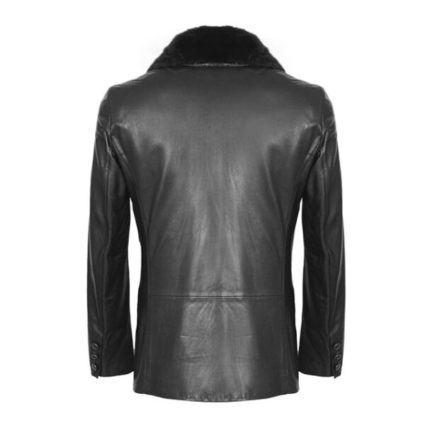 Manteau croisé en cuir véritable avec garniture en peau lainée noire (2)