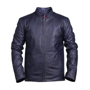 Giacca da motociclista in pelle alla moda blu da uomo