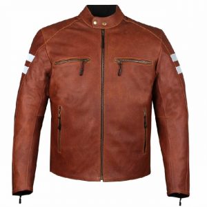 Giacca da motociclista in pelle di vacchetta marrone da uomo