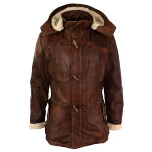 Cappotto da uomo in pelle marrone con cappuccio