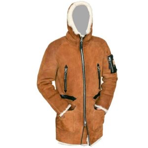 Cappotto da uomo in pelle marrone con cappuccio