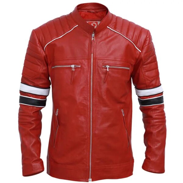 Veste en cuir véritable à rayures rouges style café racer pour homme