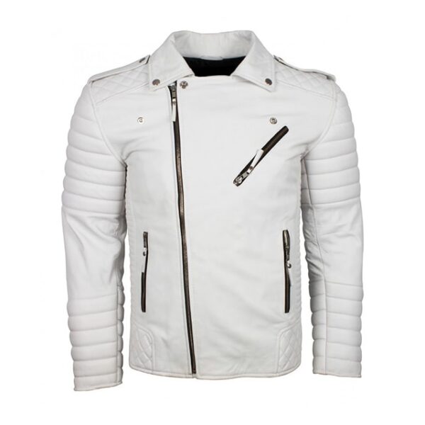 Veste de motard classique Brando pour homme en cuir véritable blanc (2)