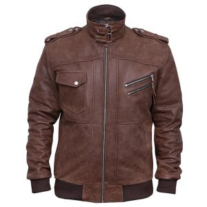 Blouson aviateur en cuir véritable marron vieilli pour homme avec capuche
