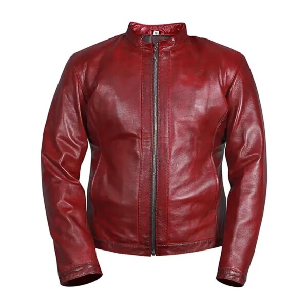 Veste de motard en cuir véritable rouge pour homme