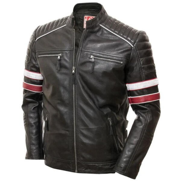 Veste décontractée pour homme en cuir véritable véritable avec bandes style motard