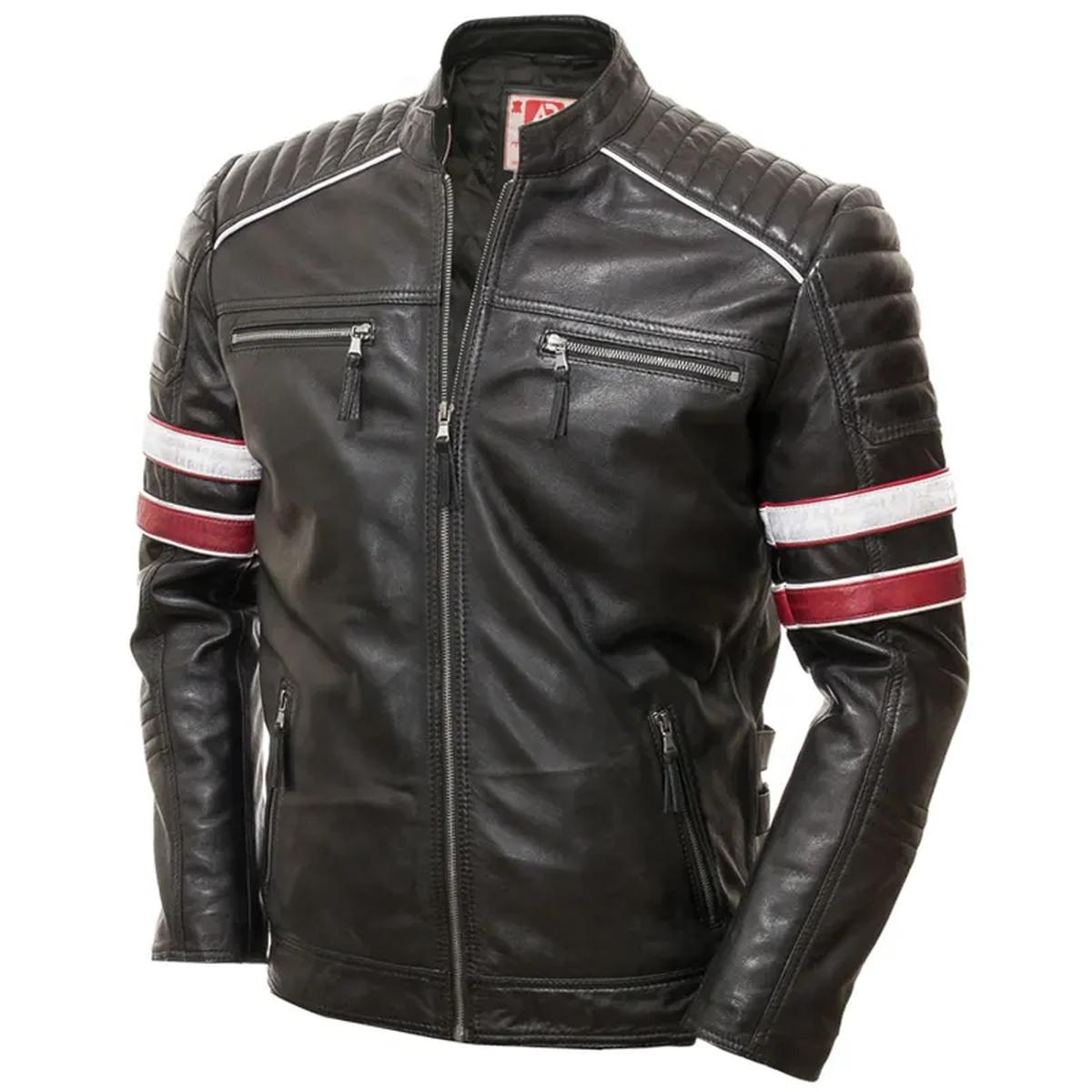 Veste décontractée pour homme en cuir véritable véritable avec bandes style motard (5)