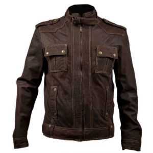 Giacca da motociclista in pelle marrone stone washed slim fit da uomo