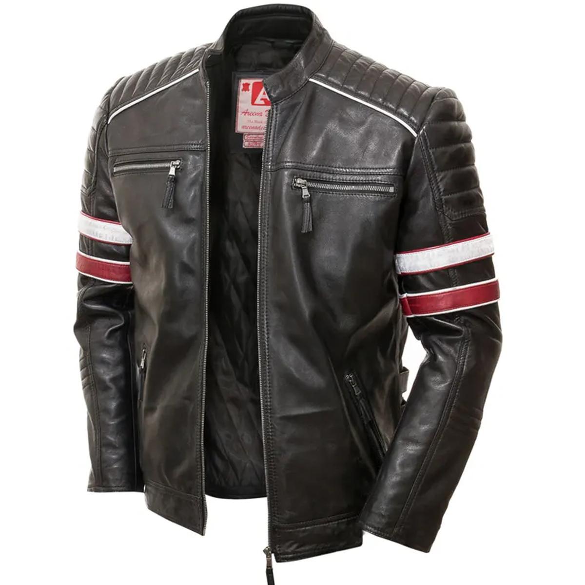 Veste décontractée pour homme en cuir véritable véritable avec bandes style motard (6)