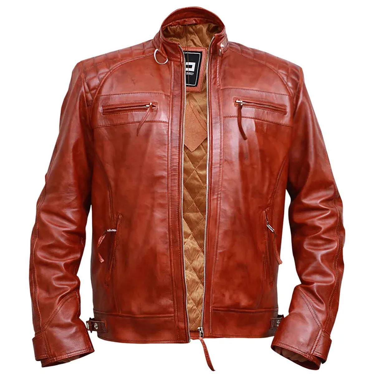 Veste de motard classique vintage en cuir véritable marron à motif diamant (7)