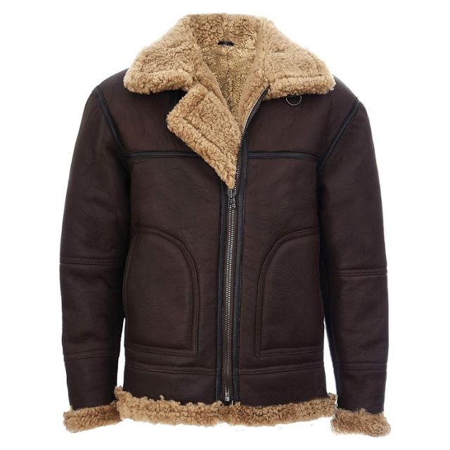 Veste aviateur en daim et peau de mouton marron chocolat pour homme (modèle B3)