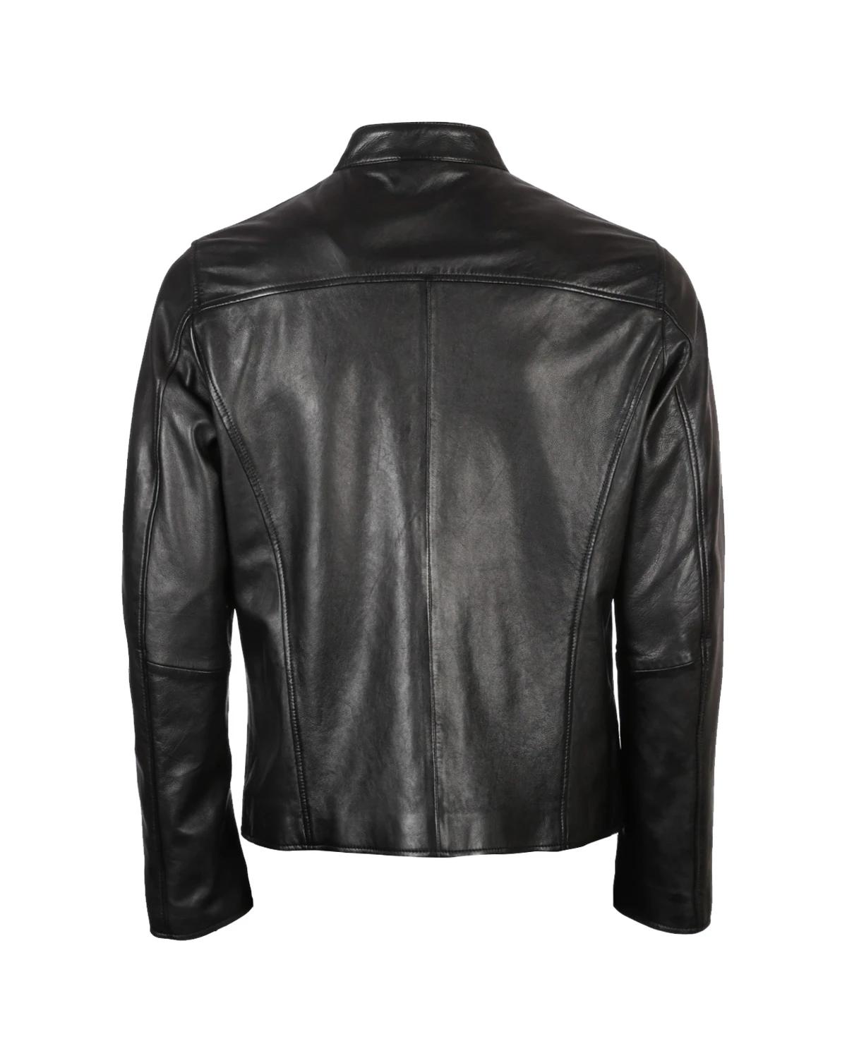 Veste de motard en cuir véritable à col mao pour homme (2)