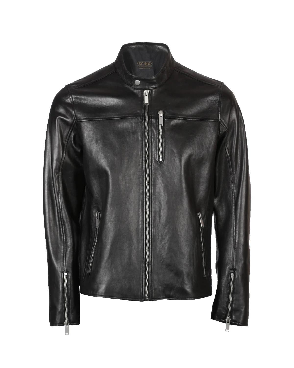 Veste de motard en cuir véritable à col mao pour homme