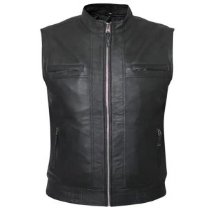 Gilet de moto en cuir véritable véritable noir de haute qualité pour homme