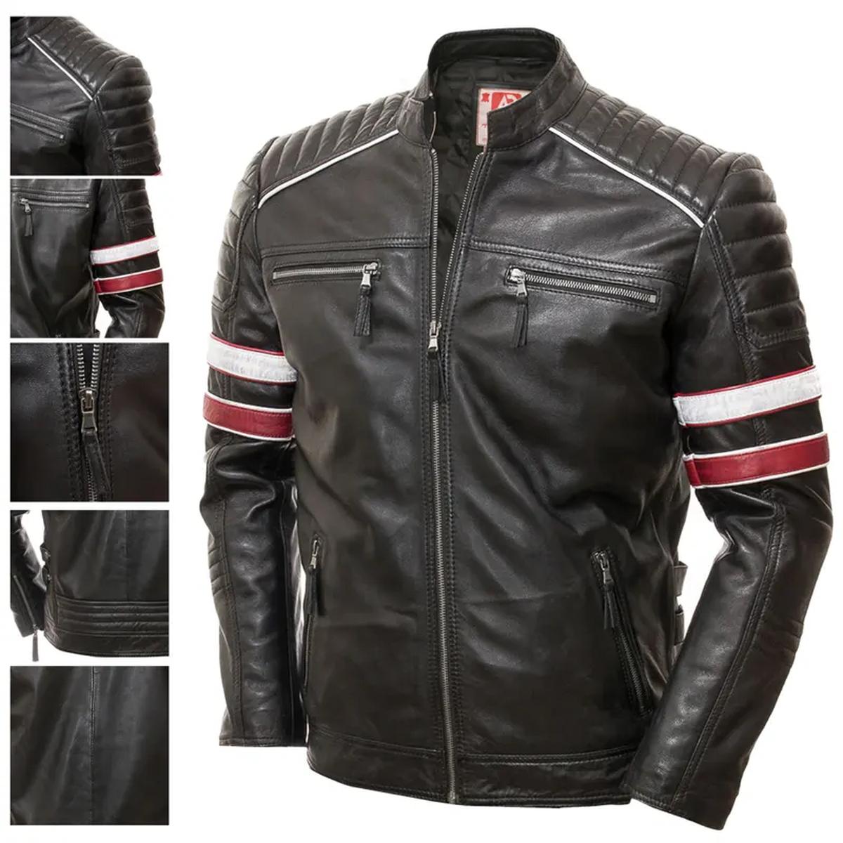 Veste décontractée pour homme en cuir véritable véritable avec bandes style motard (7)