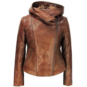 Giacca in pelle marrone con cappuccio Sasha da donna