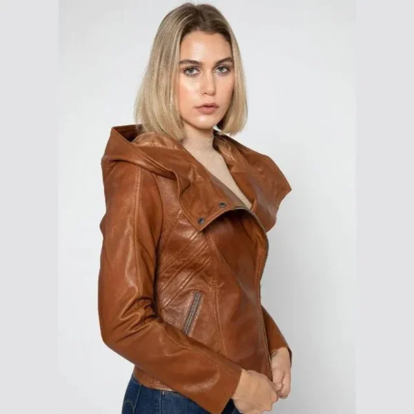 Veste en cuir véritable marron à capuche pour femme Sasha (4)