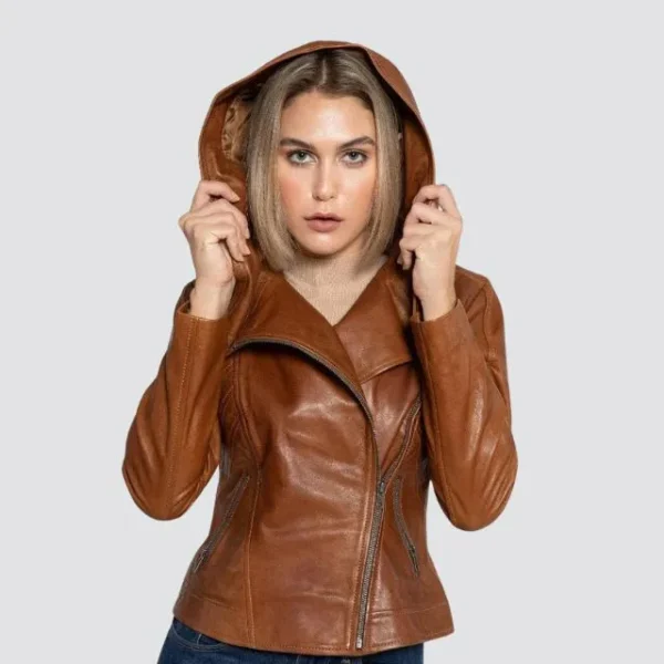 Veste en cuir véritable marron à capuche pour femme Sasha (7)