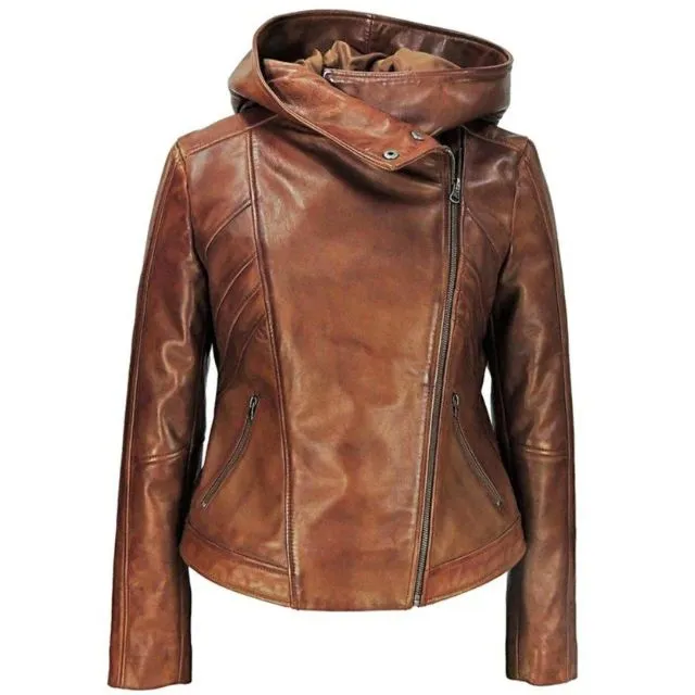 Veste en cuir véritable marron à capuche pour femme Sasha