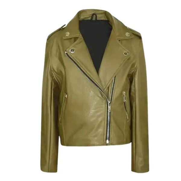 Veste de motard en peau de mouton vert olive pour femme