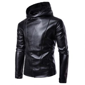 Giacca in pelle con cappuccio inclinata da uomo
