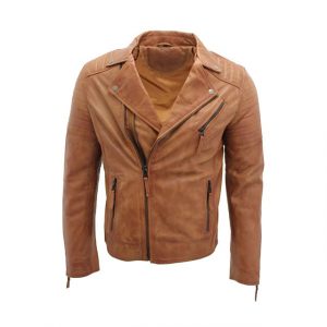 Blouson de motard en cuir véritable de mouton marron pour homme, style racer