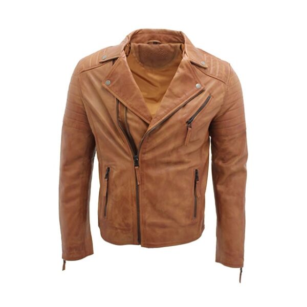Blouson de motard en cuir véritable de mouton marron pour homme, style racer (6)
