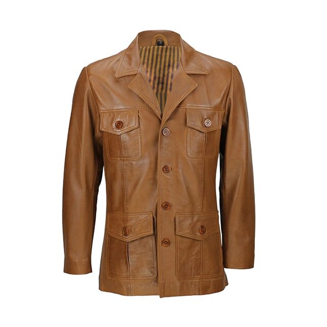 Blazer en cuir véritable marron clair style militaire vintage