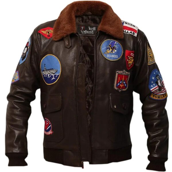 Veste de pilote de chasse en peau de mouton marron pour homme